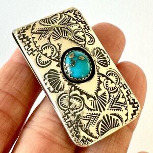 Navajo Turquoise Money Clip Sterling Mens Gift Handmade Skeets Shadowbox Stamped